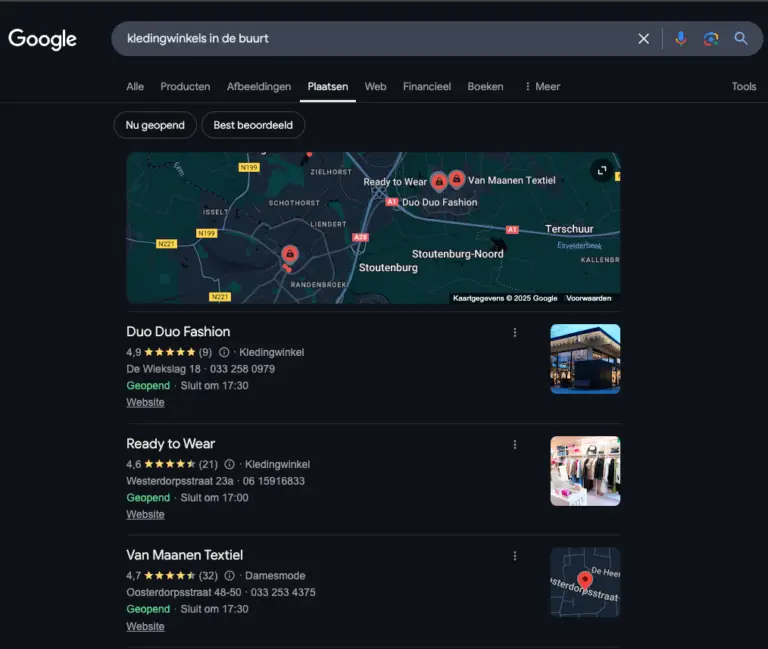 Screenshot van kledingbedrijven in de buurt in de sectie plaatsen van google zoeken, voorbeeld google bedrijfsprofiel optimalisatie